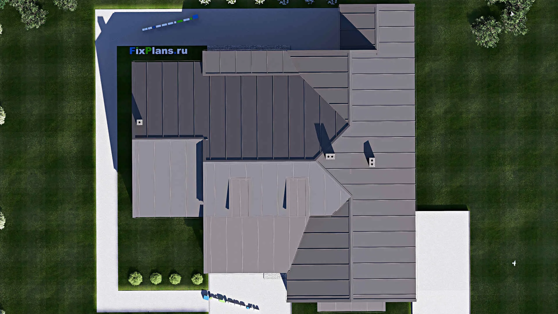 F-17081 - План одноэтажного дома 20 на 21, площадью 260 м² с террасой, гаражом на 2 машины и 4 спальнями