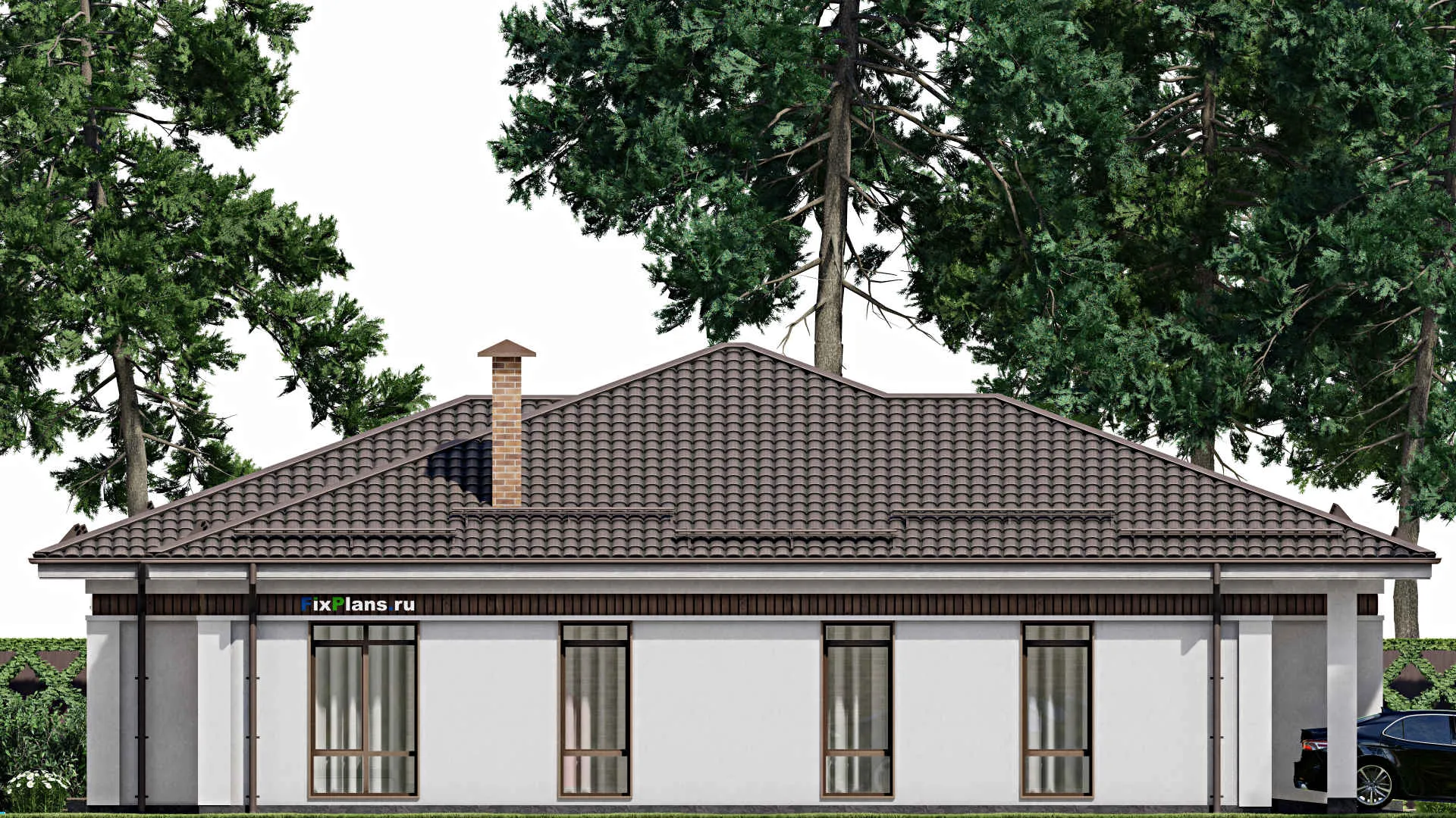 F-2582 - Проект одноэтажного дома 14 на 18, площадью 310 м² с террасой, балконом, гаражом на 1 машину и 11 спальнями