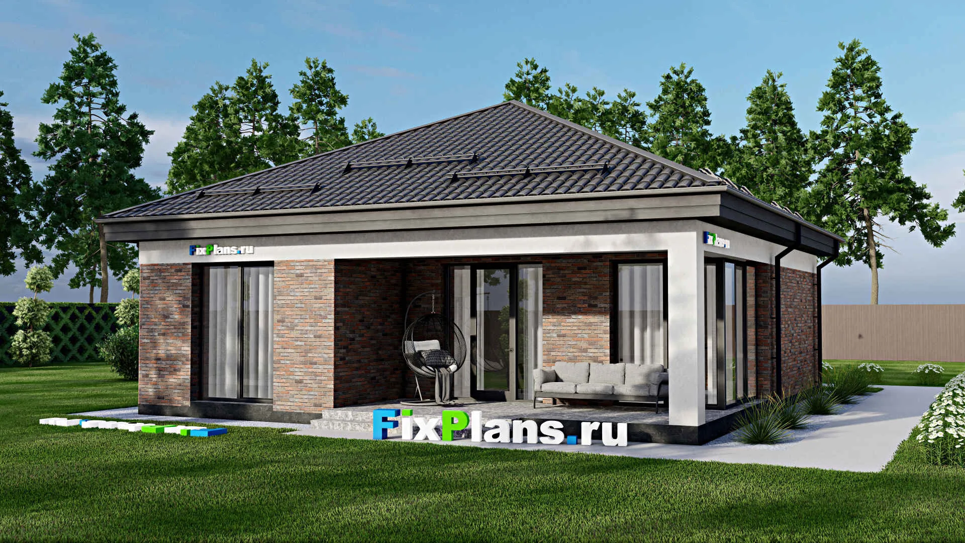 F-2132 - Проект одноэтажного дома 12 на 12, площадью 110 м² с террасой и 2 спальнями