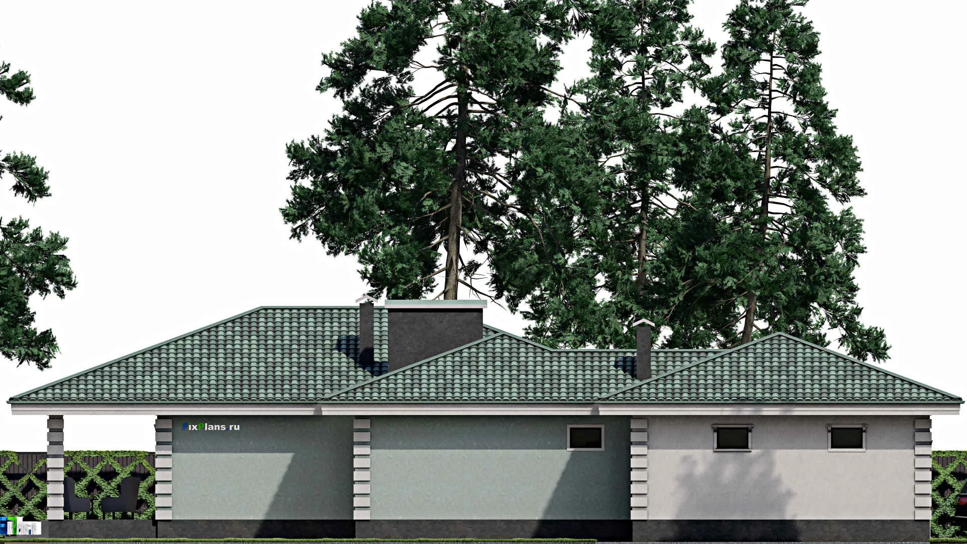 F-0962 - План одноэтажного дома 20 на 24, площадью 250 м² с террасой, гаражом на 2 машины и 3 спальнями