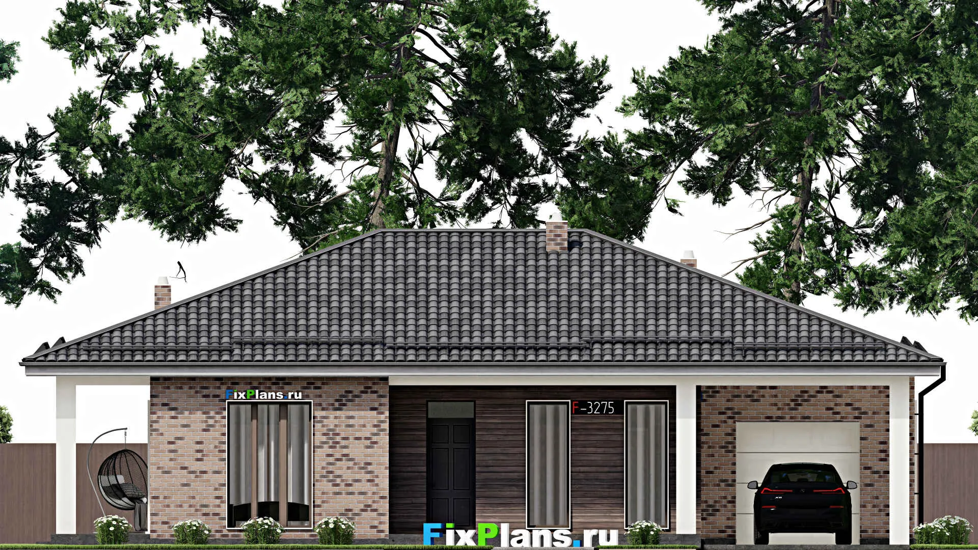 F-3275 - Проект одноэтажного дома 14 на 16, площадью 180 м² с террасой, гаражом на 1 машину и 2 спальнями
