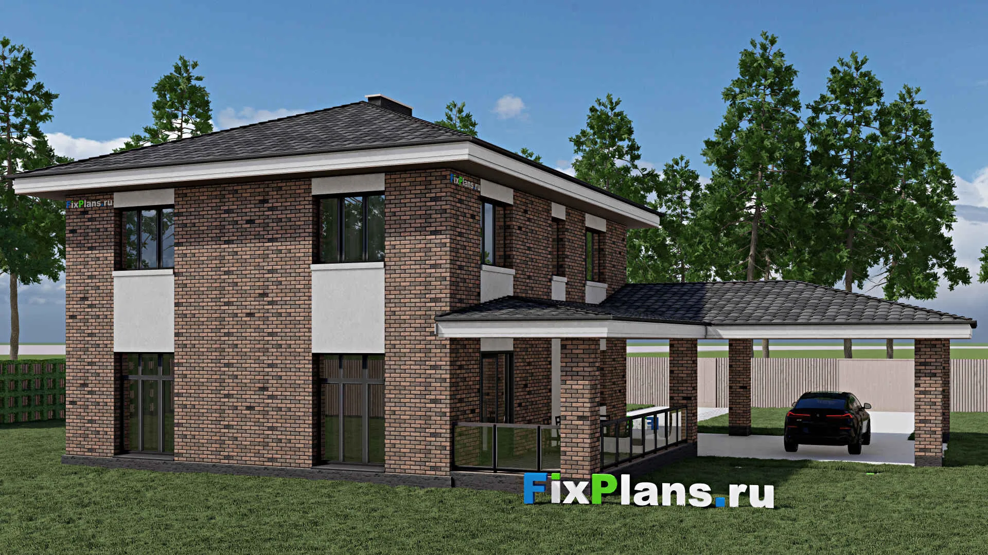 F-1151 - Планы двухэтажного дома 11 на 13, площадью 300 м² с террасой, гаражом на 1 машину и 4 спальнями