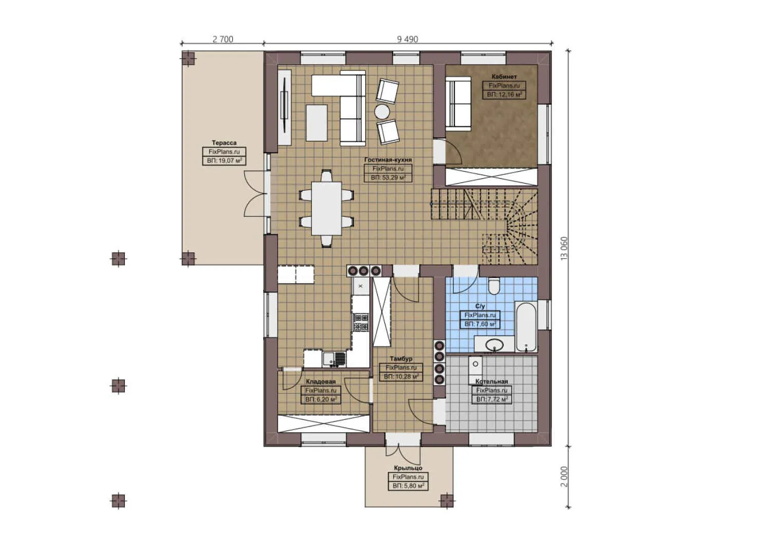 F-2771 - Планы двухэтажного дома 10 на 14, площадью 210 м² с террасой и 3 спальнями