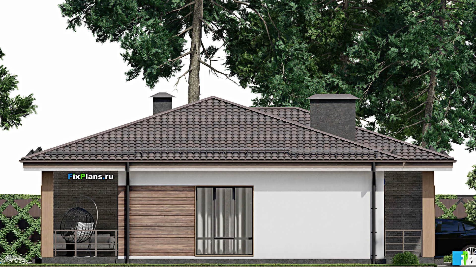 F-6929 - Проект одноэтажного дома 14 на 15, площадью 140 м² с террасой и 3 спальнями