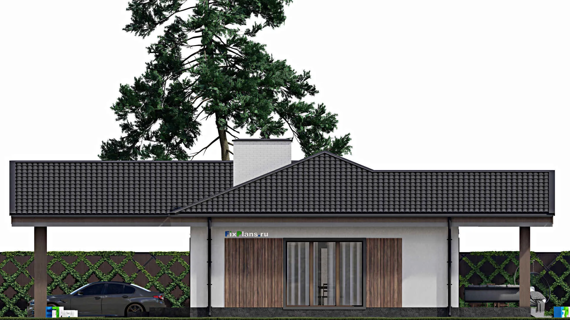 F-1790 - Проект одноэтажного дома 10 на 15, площадью 130 м² с террасой и 3 спальнями