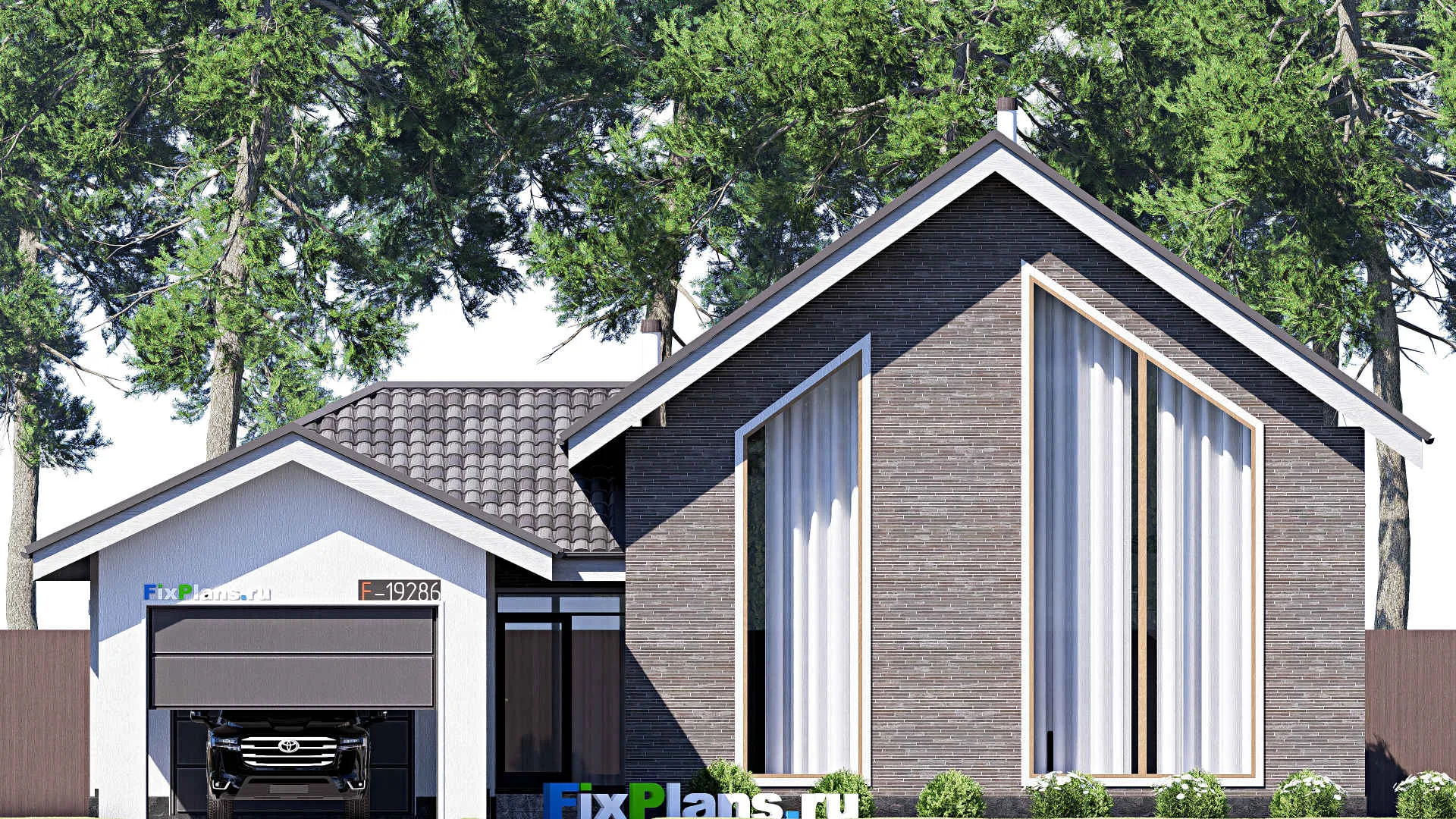 F-19286 - Проект дома с мансардой 16 на 16, площадью 140 м² с гаражом на 1 машину и 2 спальнями