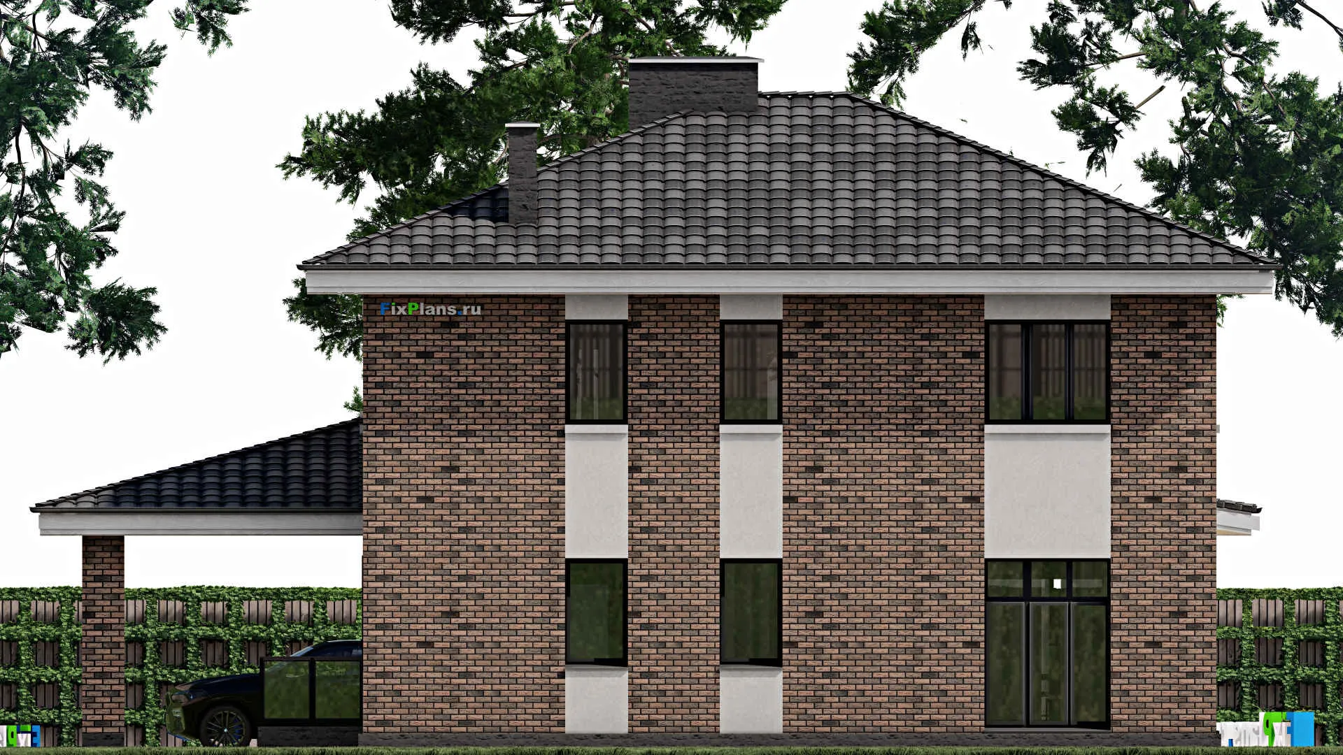 F-1151 - Планы двухэтажного дома 11 на 13, площадью 300 м² с террасой, гаражом на 1 машину и 4 спальнями