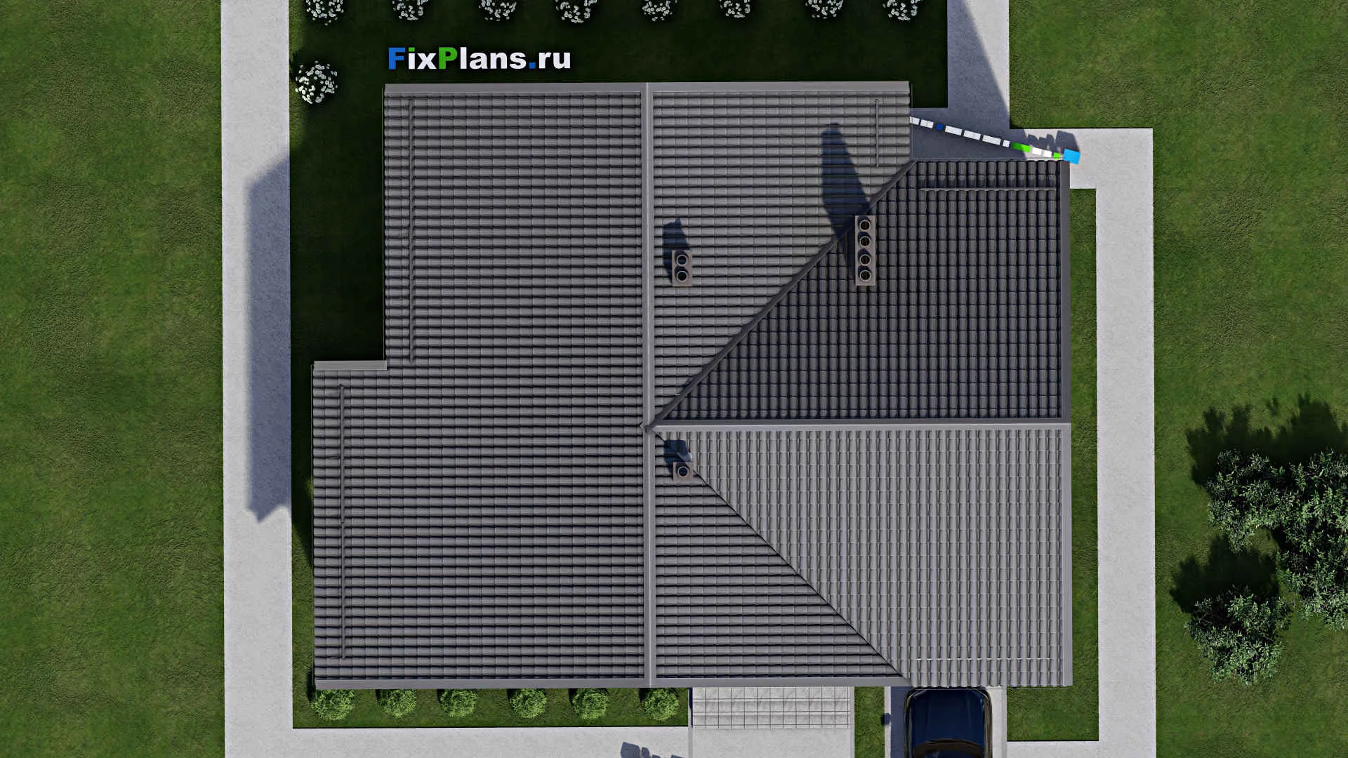 F-3293 - Проект дома с мансардой 13 на 14, площадью 250 м² с террасой, балконом, гаражом на 1 машину, спортзалом и 4 спальнями