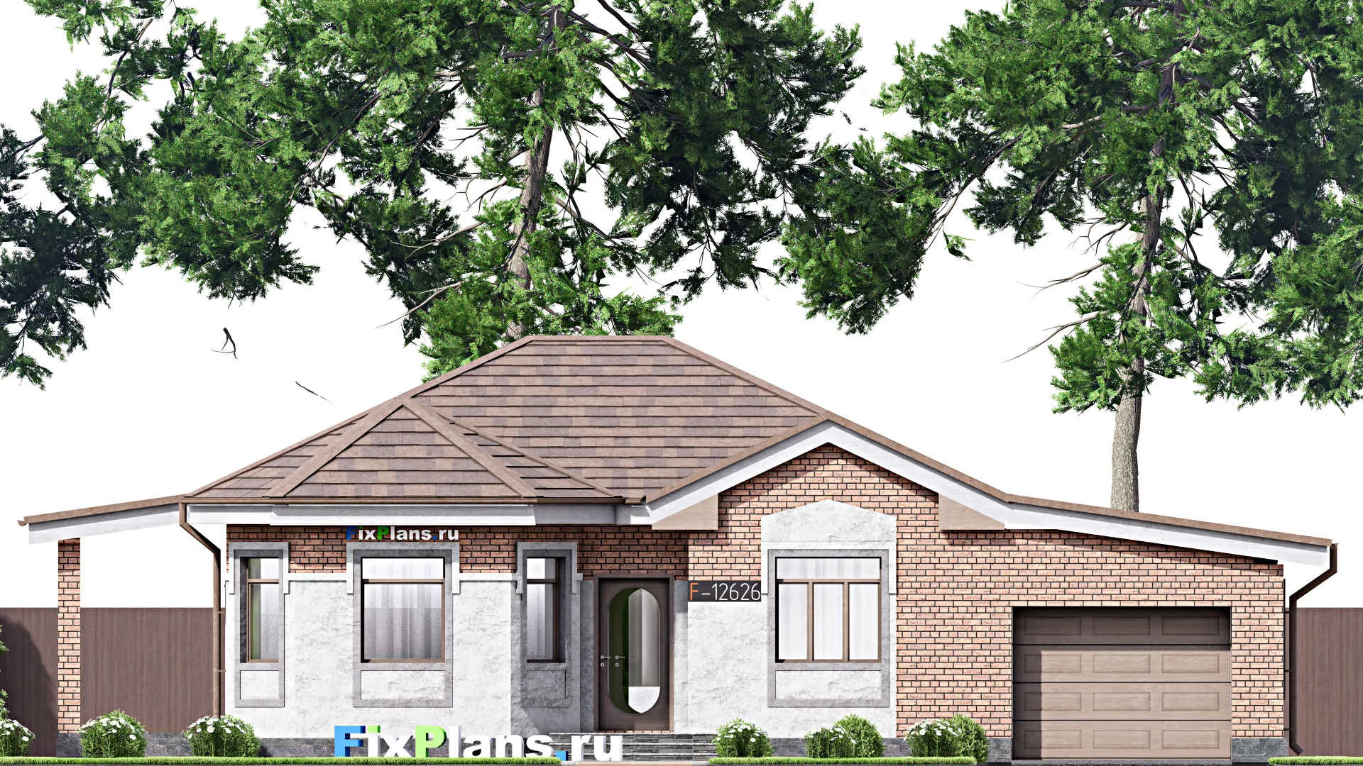 F-12626 - План одноэтажного дома 10 на 17, площадью 120 м² с террасой, гаражом на 1 машину и 2 спальнями