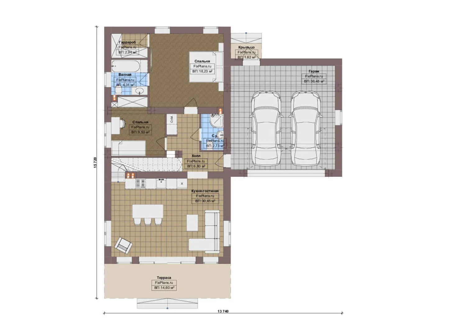 F-20546 - Планы дома с мансардой 14 на 16, площадью 230 м² с террасой, гаражом на 2 машины и 3 спальнями