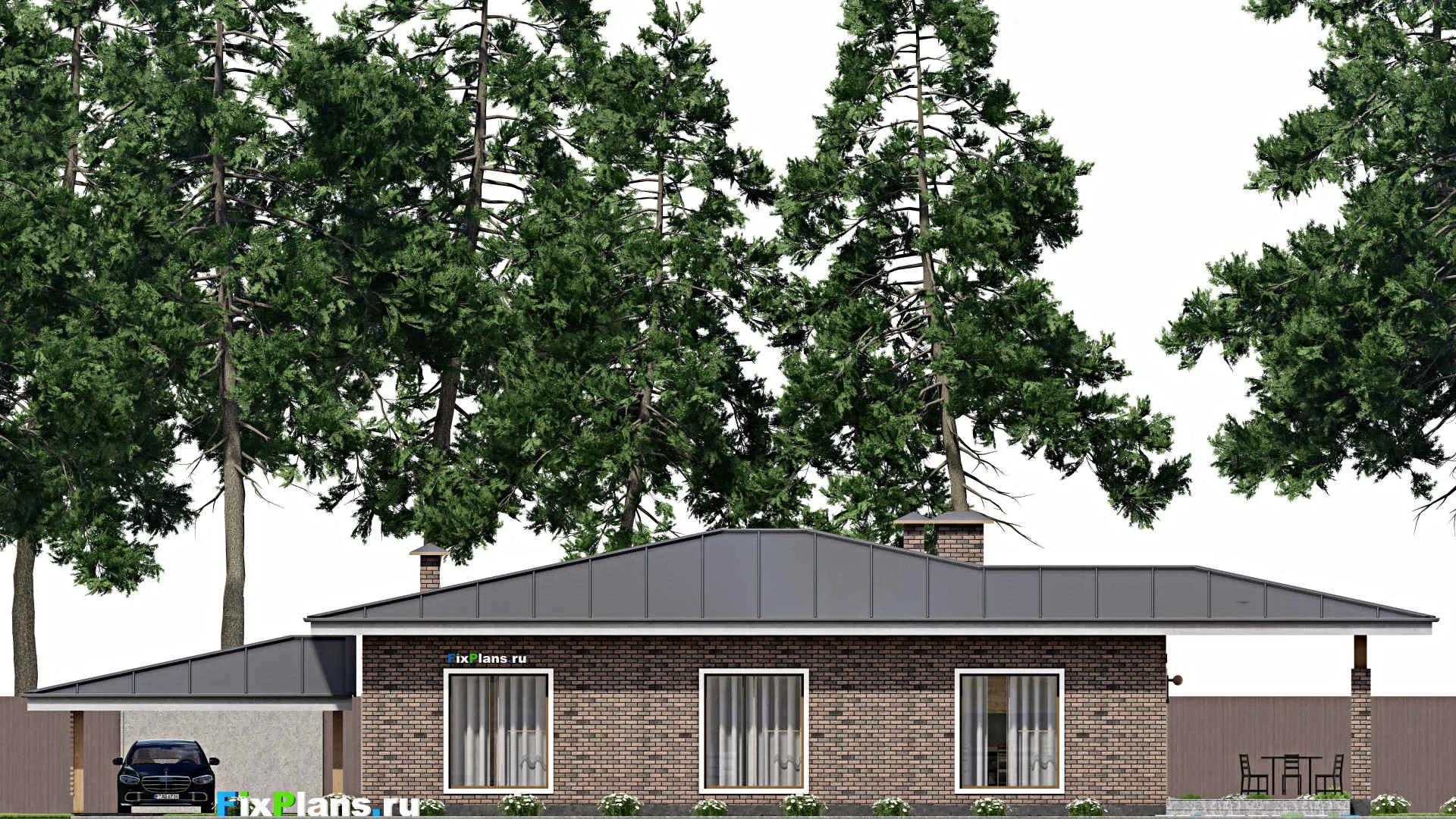 F-12329 - План одноэтажного дома 14 на 26, площадью 250 м² с террасой и 3 спальнями