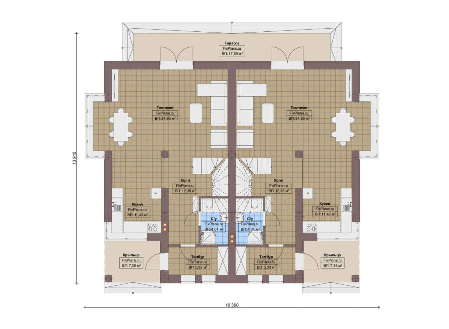 F-16271 - Планы дома с мансардой 14 на 17, площадью 320 м² с 6 спальнями