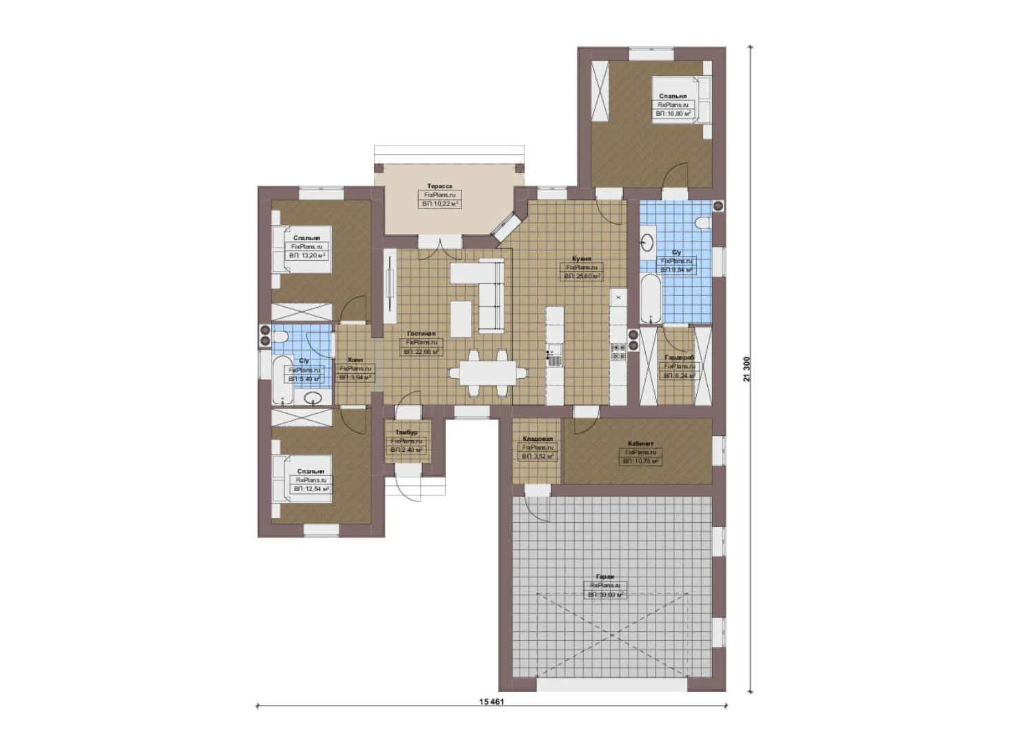 F-16802 - План одноэтажного дома 16 на 22, площадью 190 м² с террасой, гаражом на 2 машины и 3 спальнями