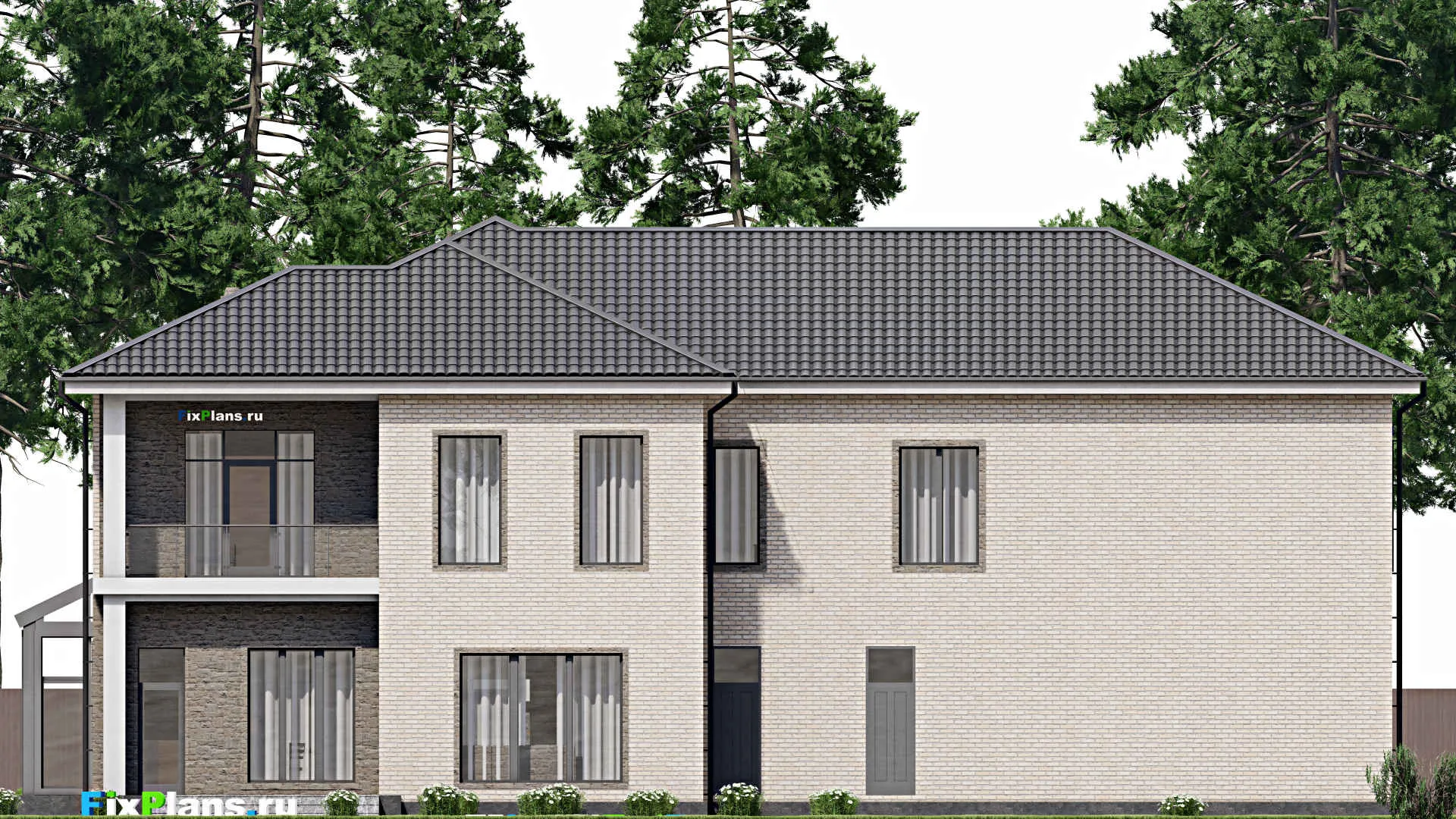 F-5507 - Планы двухэтажного дома 17 на 25, площадью 500 м² с террасой, балконом, гаражом на 2 машины и 4 спальнями