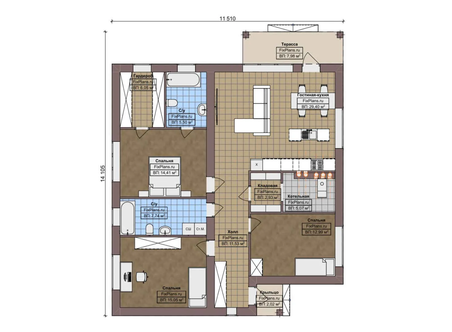 F-8279 - План одноэтажного дома 12 на 15, площадью 130 м² с террасой и 3 спальнями