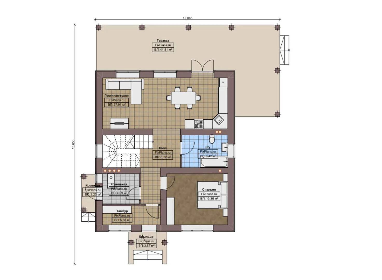 F-9539 - Планы двухэтажного дома 13 на 16, площадью 180 м² с террасой и 4 спальнями