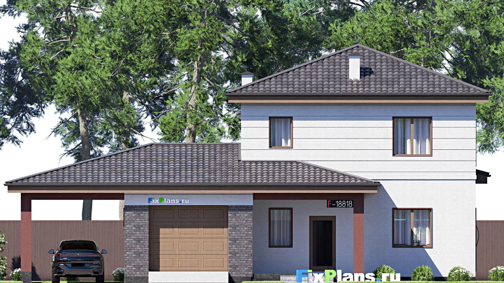 F-18818 - Планы двухэтажного дома 16 на 18, площадью 240 м² с террасой, гаражом на 1 машину и 4 спальнями