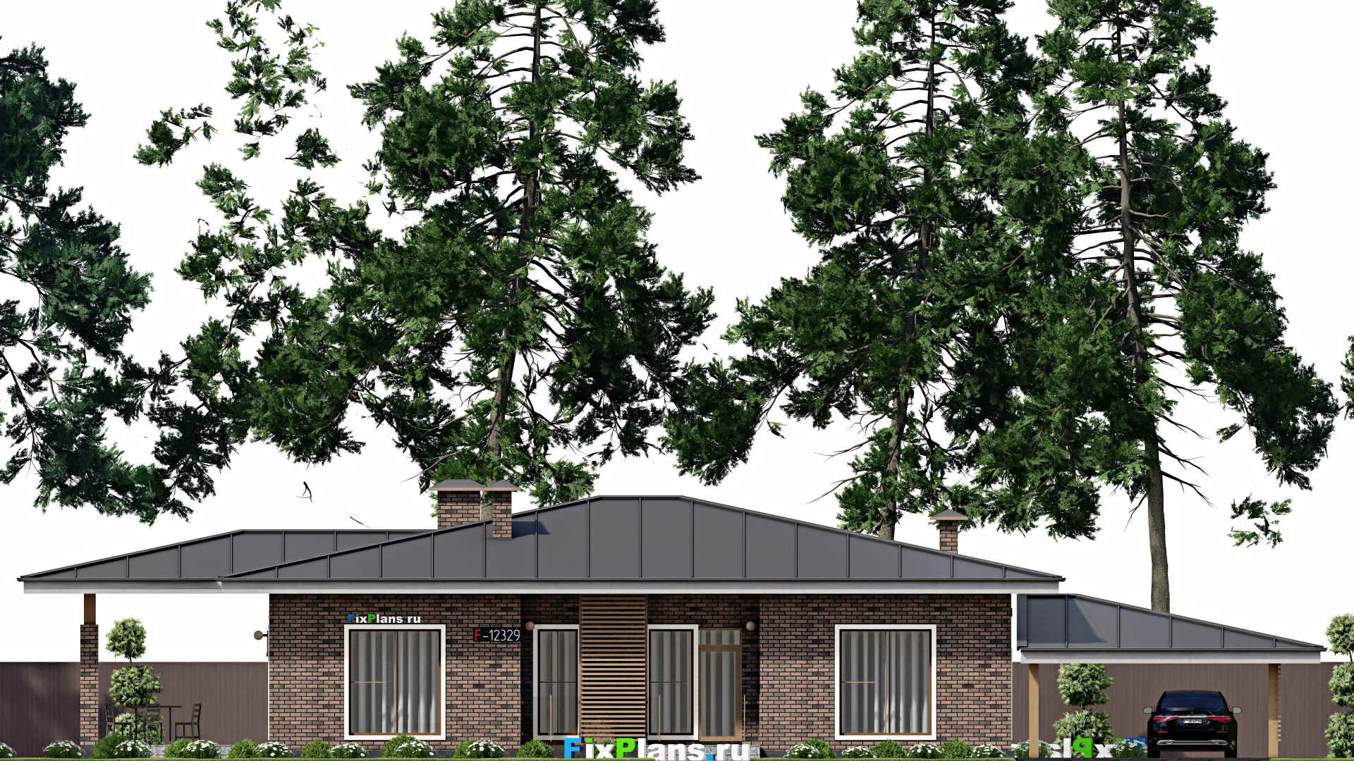 F-12329 - План одноэтажного дома 14 на 26, площадью 250 м² с террасой и 3 спальнями