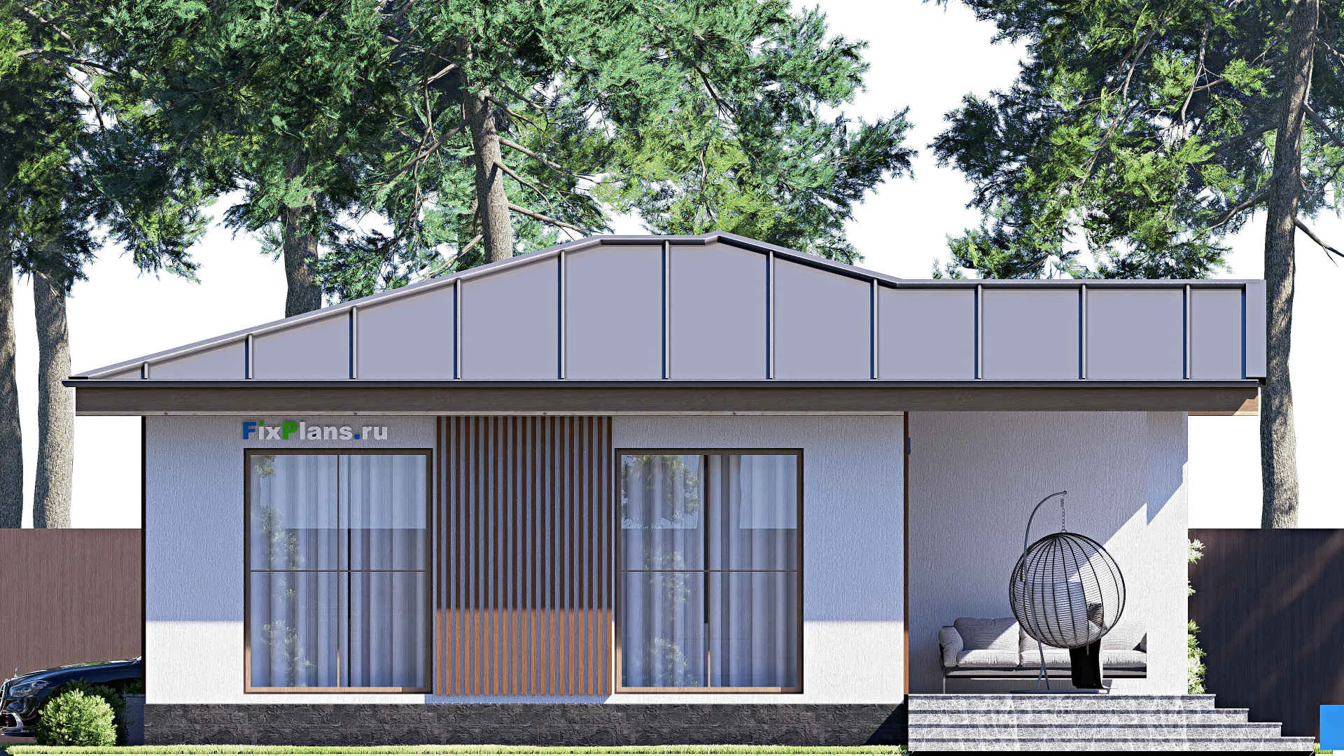 F-16559 - Проект одноэтажного дома 11 на 13, площадью 120 м² с террасой и 3 спальнями