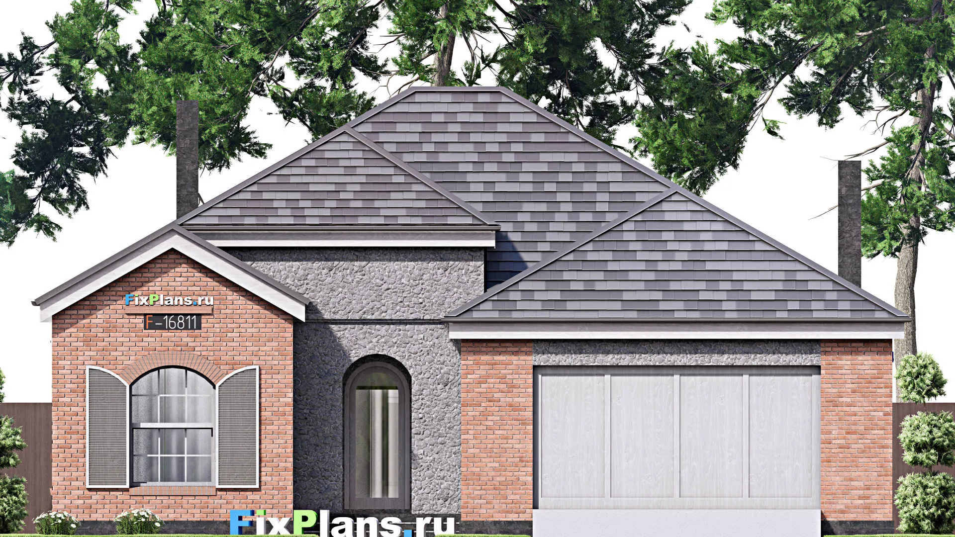 F-16811 - План одноэтажного дома 15 на 24, площадью 220 м² с террасой, гаражом на 2 машины и 3 спальнями