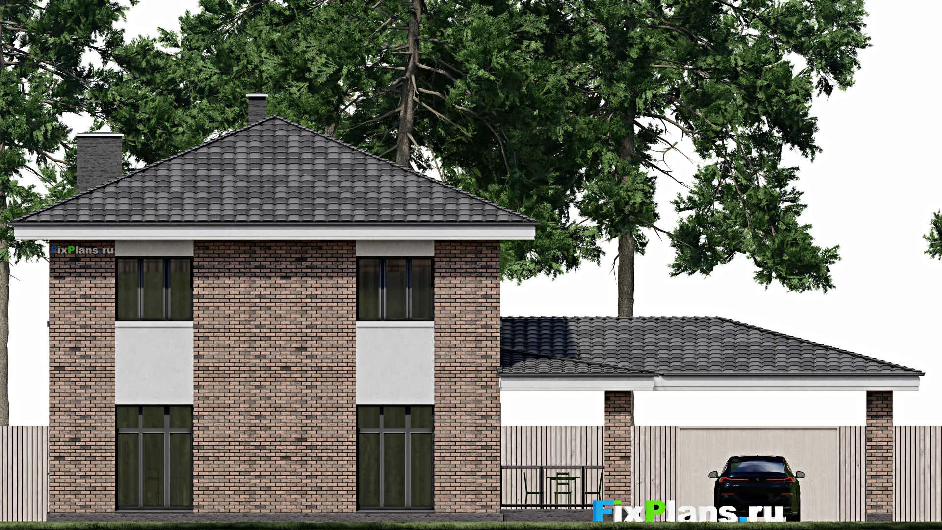 F-1151 - Планы двухэтажного дома 11 на 13, площадью 300 м² с террасой, гаражом на 1 машину и 4 спальнями