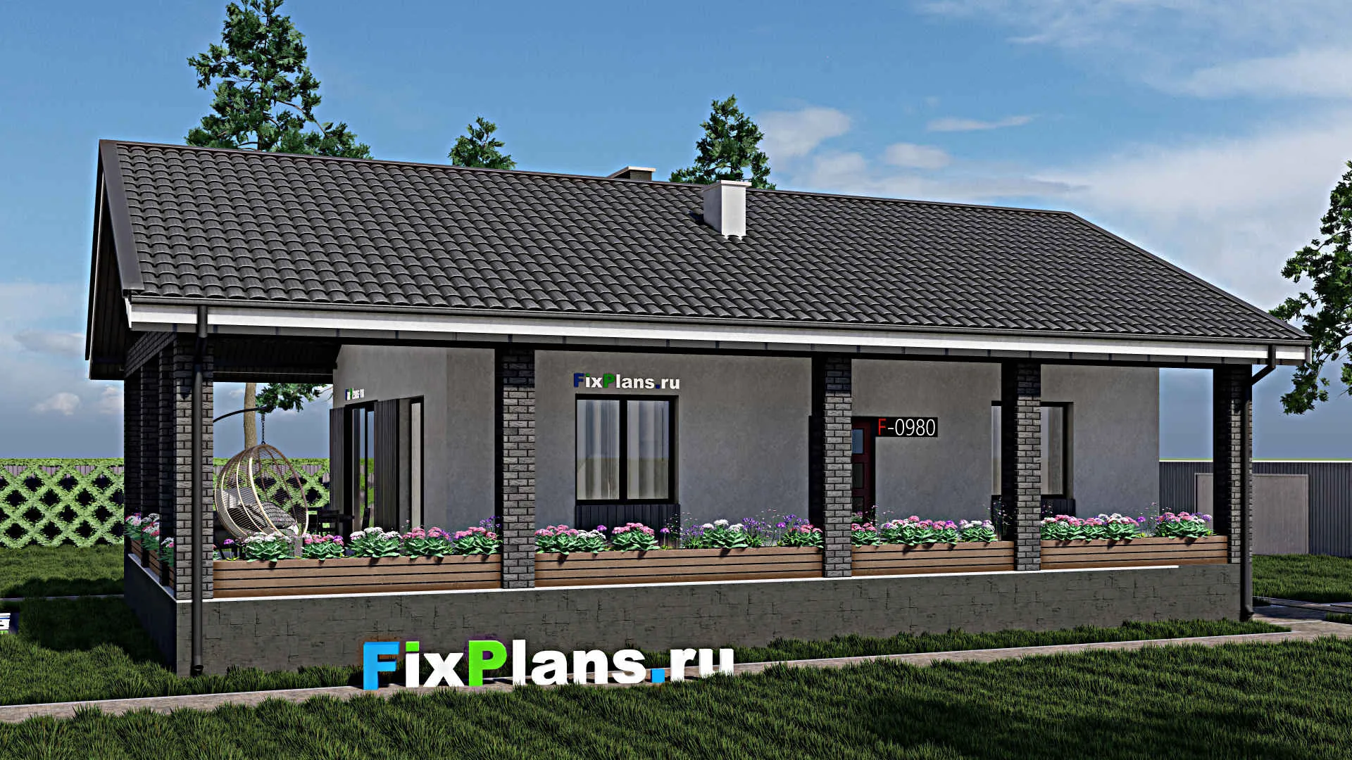 F-0980 - Проект одноэтажного дома 9 на 12, площадью 120 м² с террасой и 2 спальнями