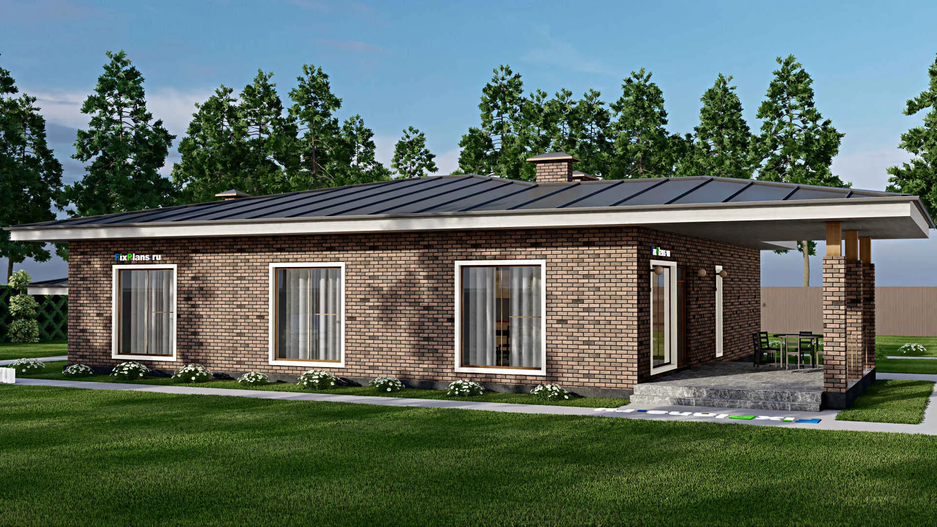 F-12329 - План одноэтажного дома 14 на 26, площадью 250 м² с террасой и 3 спальнями