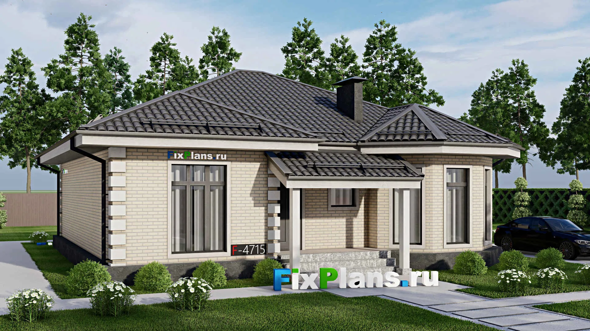 F-4715 - Проект одноэтажного дома 12 на 13, площадью 130 м² с террасой и 3 спальнями