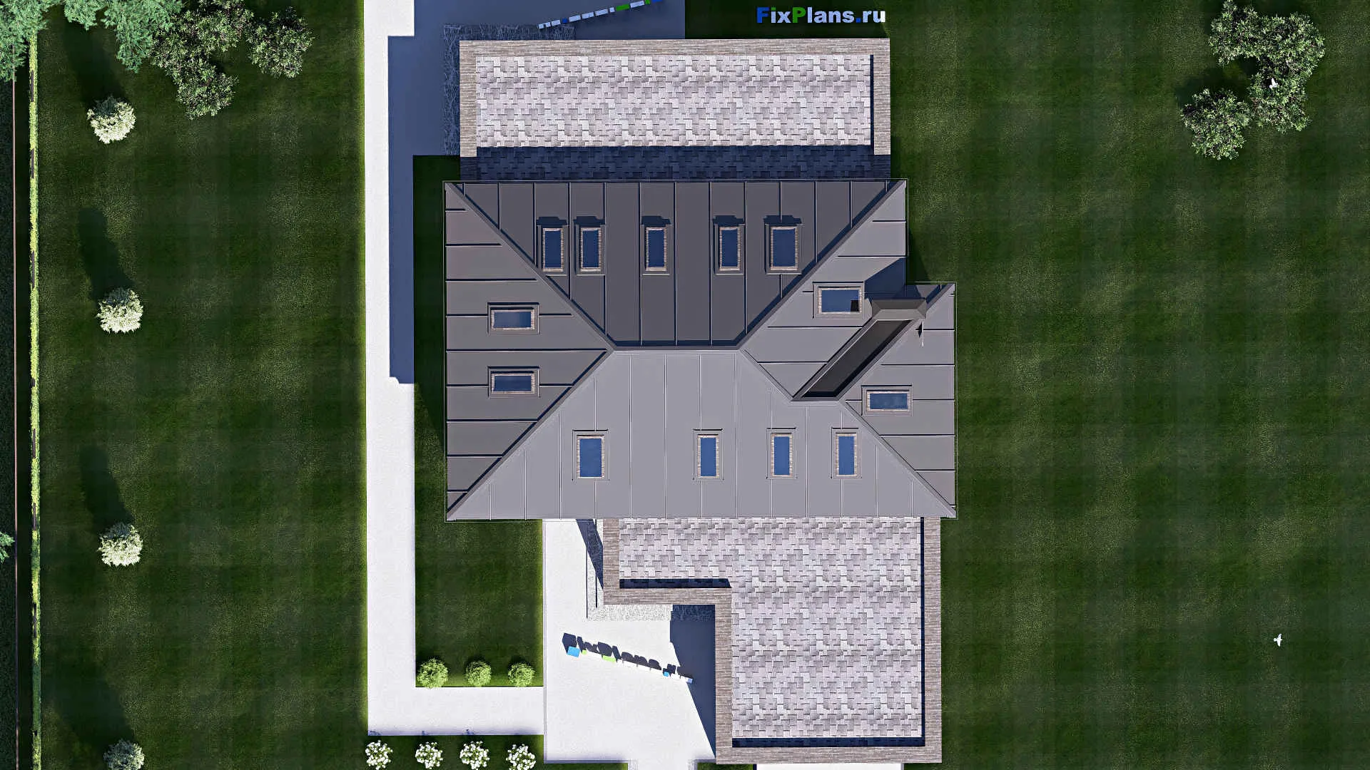 F-18008 - Проект дома с мансардой 15 на 23, площадью 330 м² с террасой, гаражом на 2 машины и 4 спальнями