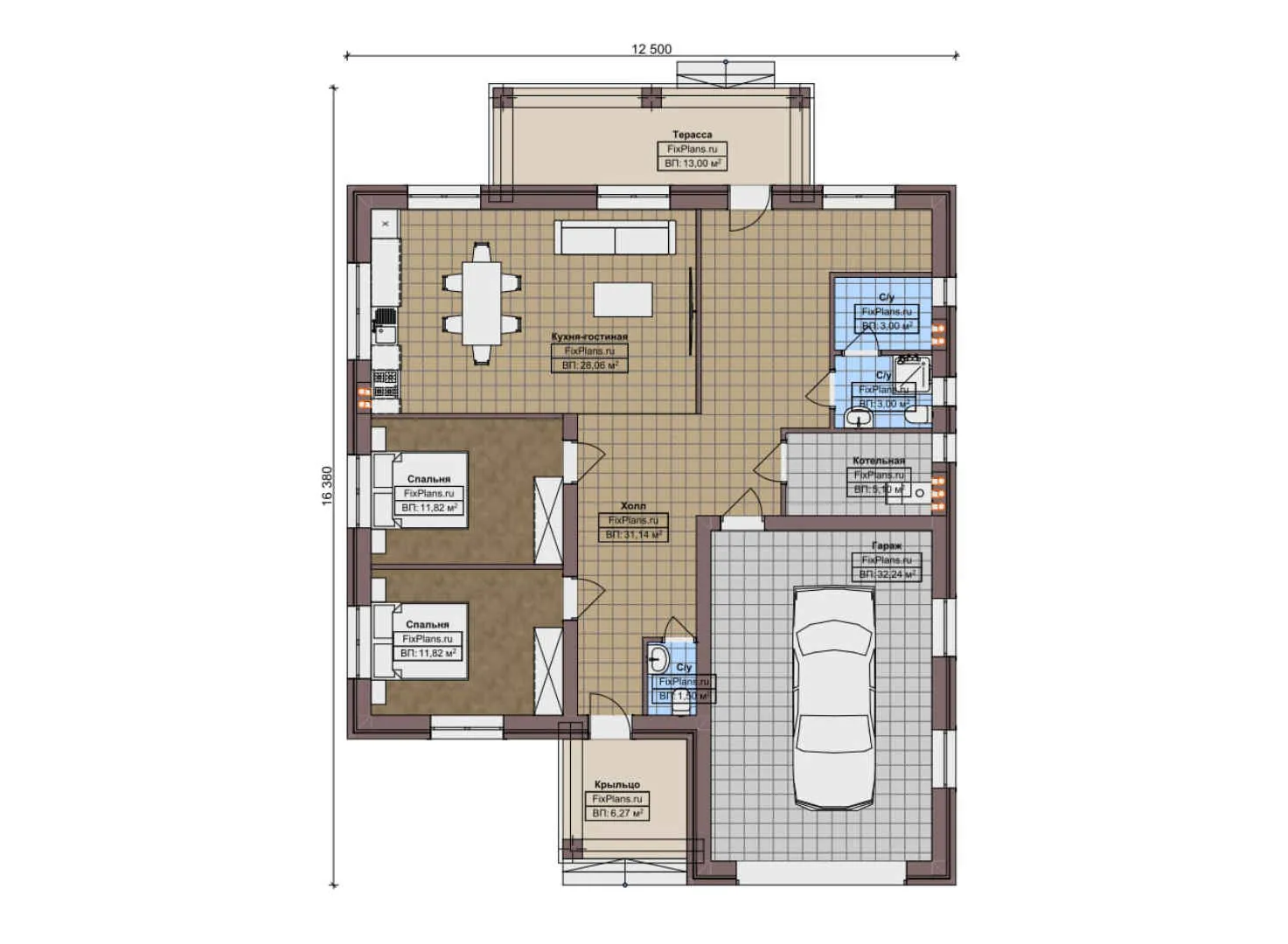 F-8972 - План одноэтажного дома 13 на 17, площадью 150 м² с террасой, гаражом на 1 машину и 2 спальнями