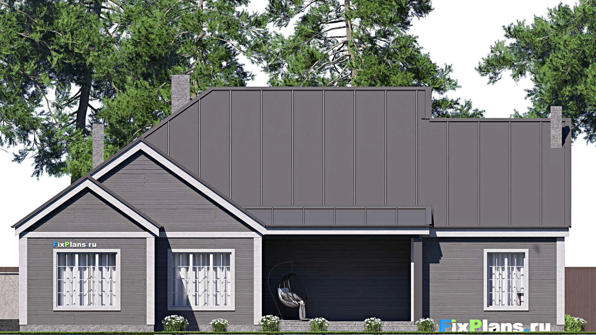 F-17081 - План одноэтажного дома 20 на 21, площадью 260 м² с террасой, гаражом на 2 машины и 4 спальнями