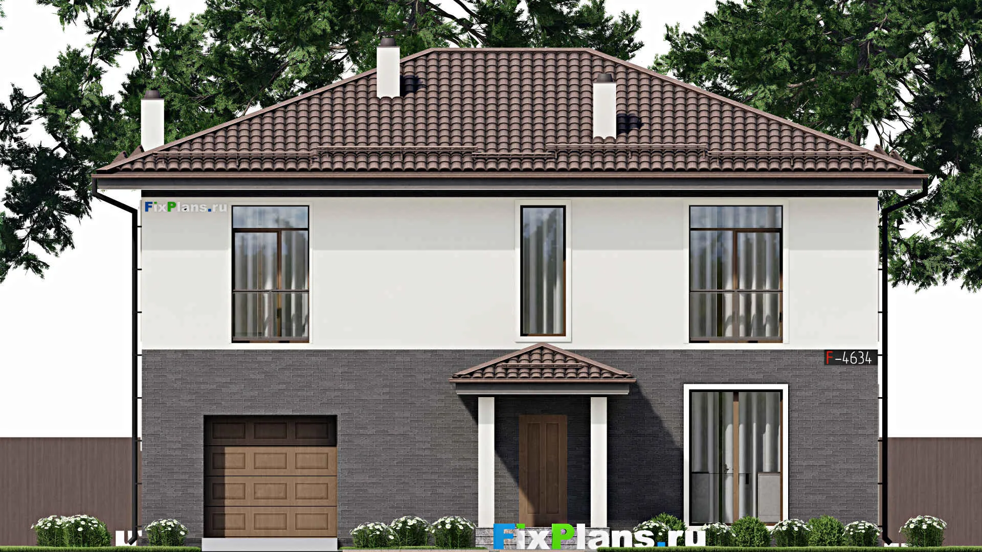 F-4634 - Планы двухэтажного дома 11 на 14, площадью 240 м² с гаражом на 1 машину и 5 спальнями