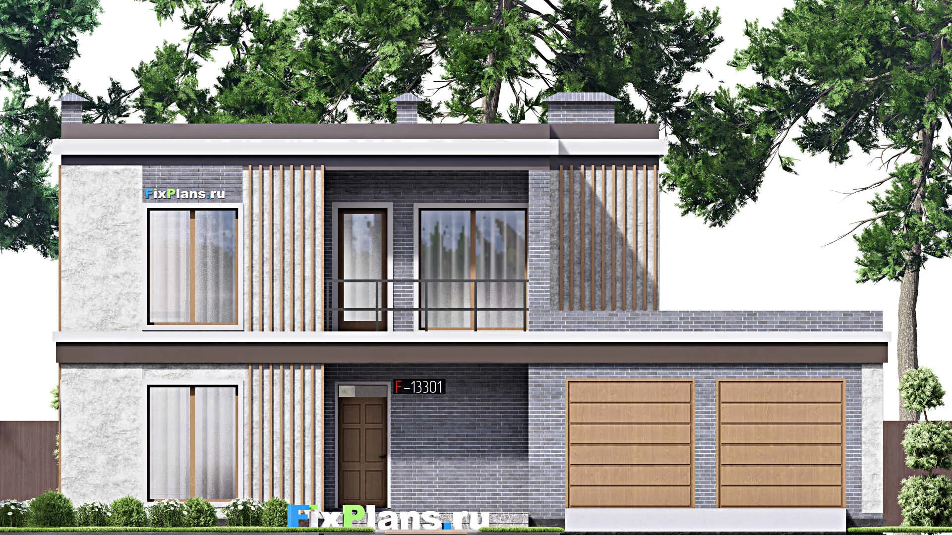 F-13301 - Проект двухэтажного дома 16 на 16, площадью 280 м² с террасой, балконом, гаражом на 2 машины и 4 спальнями