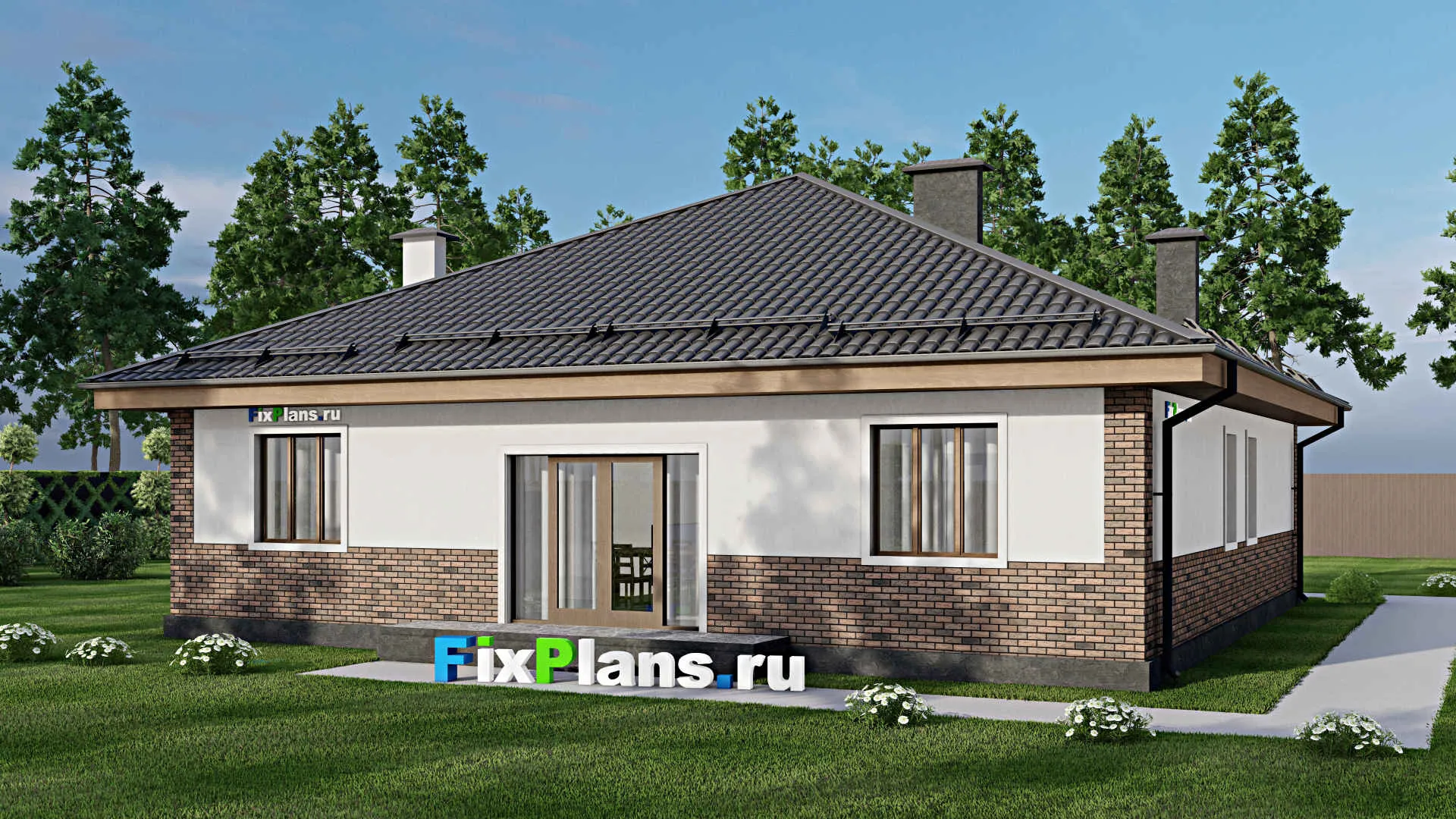 F-11096 - План одноэтажного дома 14 на 15, площадью 150 м² с террасой и 4 спальнями