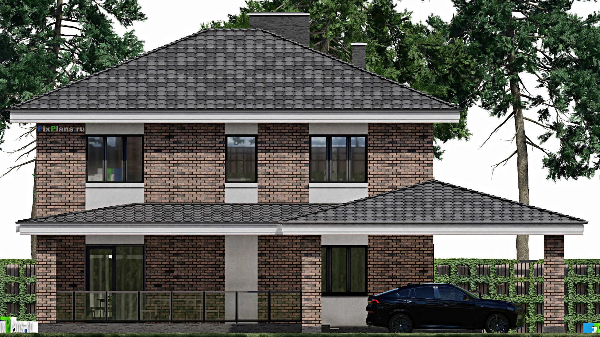 F-1151 - Планы двухэтажного дома 11 на 13, площадью 300 м² с террасой, гаражом на 1 машину и 4 спальнями