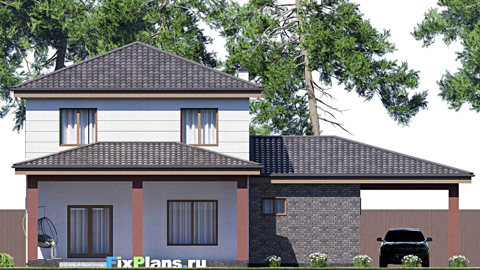 F-18818 - Планы двухэтажного дома 16 на 18, площадью 240 м² с террасой, гаражом на 1 машину и 4 спальнями