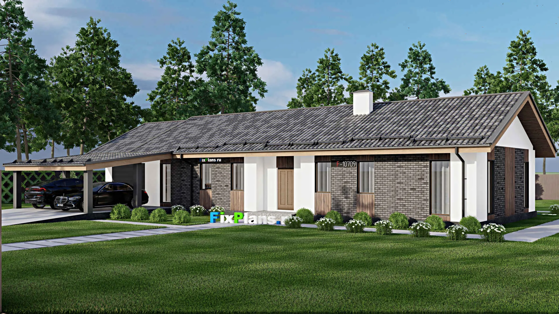 F-10709 - Проект одноэтажного дома 18 на 23, площадью 230 м² с террасой, гаражом на 1 машину и 3 спальнями