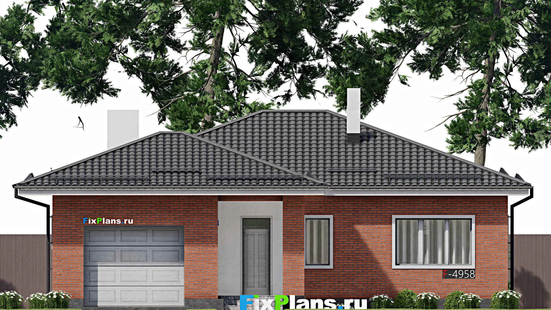 F-4958 - Проект одноэтажного дома 14 на 16, площадью 150 м² с террасой, гаражом на 1 машину и 2 спальнями