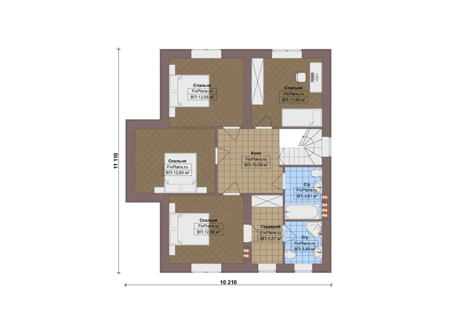 F-16784 - Планы дома с мансардой 13 на 16, площадью 170 м² с террасой и 6 спальнями