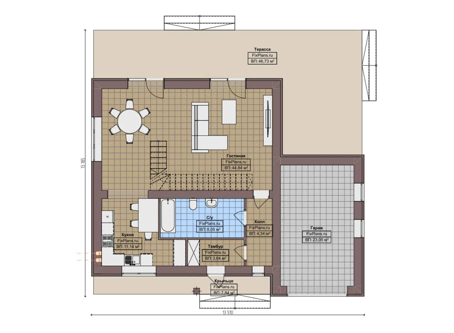 F-8153 - Планы двухэтажного дома 14 на 14, площадью 240 м² с террасой, балконом, гаражом на 1 машину и 3 спальнями