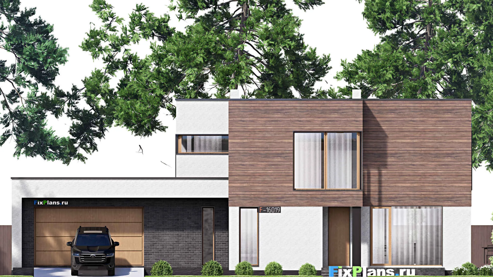 F-16019 - Проект двухэтажного дома 17 на 24, площадью 330 м² с террасой, гаражом на 2 машины и 4 спальнями