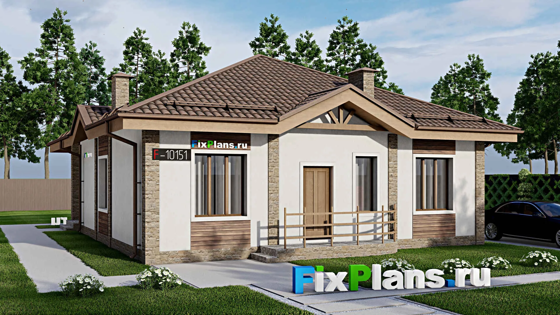 F-10151 - Проект одноэтажного дома 11 на 15, площадью 130 м² с террасой, баней и 3 спальнями