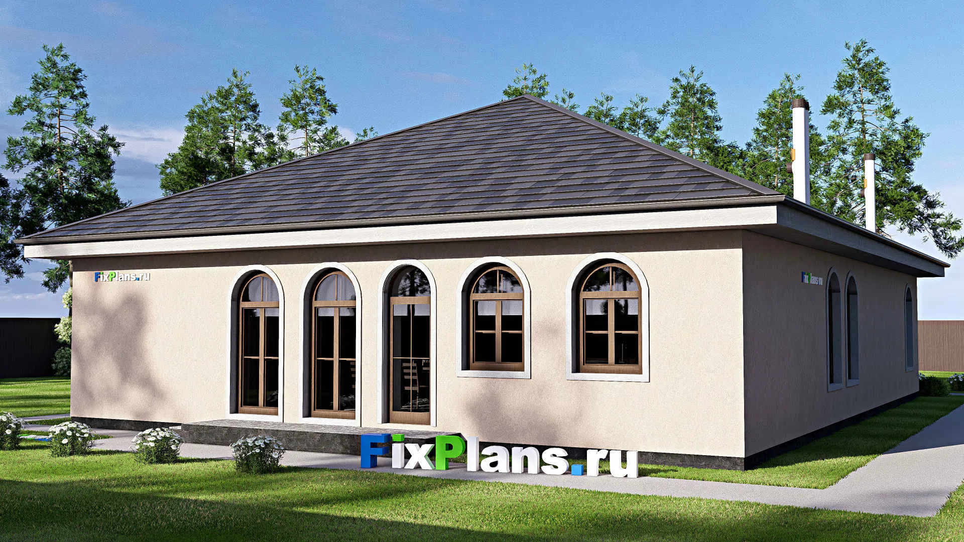 F-19745 - Проект одноэтажного дома 14 на 19, площадью 200 м² с гаражом на 2 машины и 3 спальнями