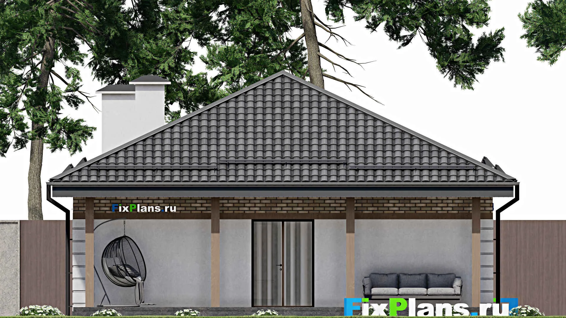 F-7586 - Проект одноэтажного дома 10 на 14, площадью 110 м² с террасой и 2 спальнями