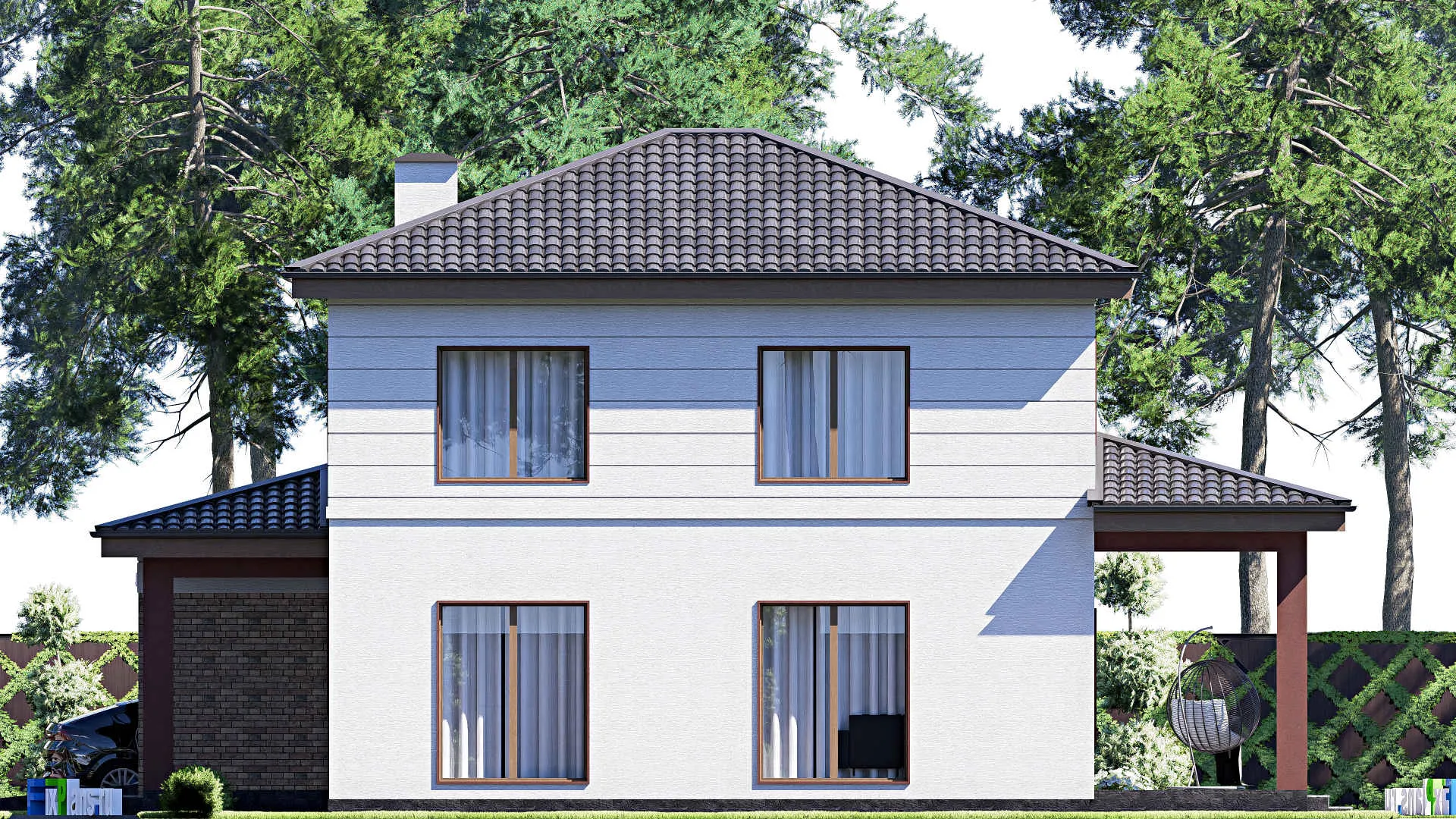 F-18818 - Планы двухэтажного дома 16 на 18, площадью 240 м² с террасой, гаражом на 1 машину и 4 спальнями