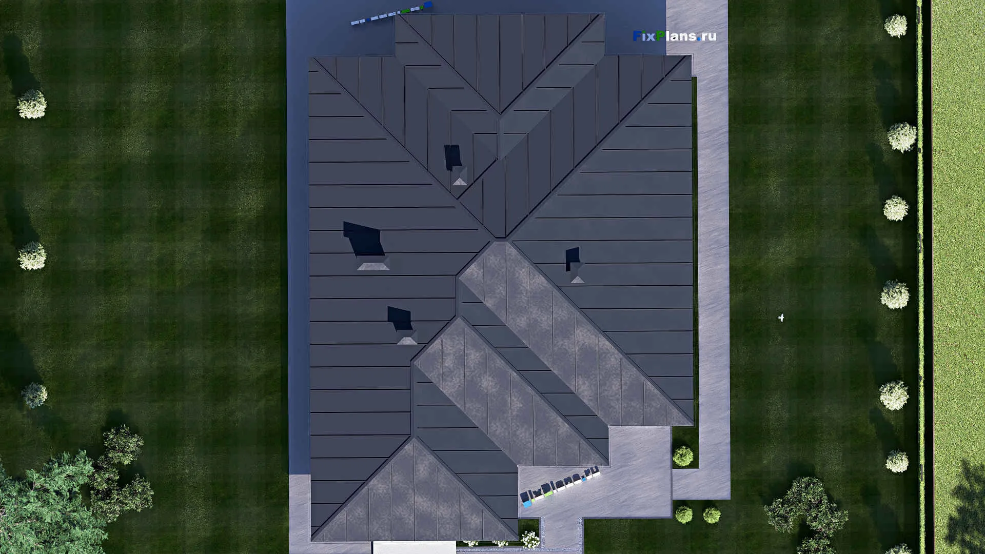 F-20528 - Проект одноэтажного дома 17 на 22, площадью 260 м² с террасой, гаражом на 2 машины и 3 спальнями