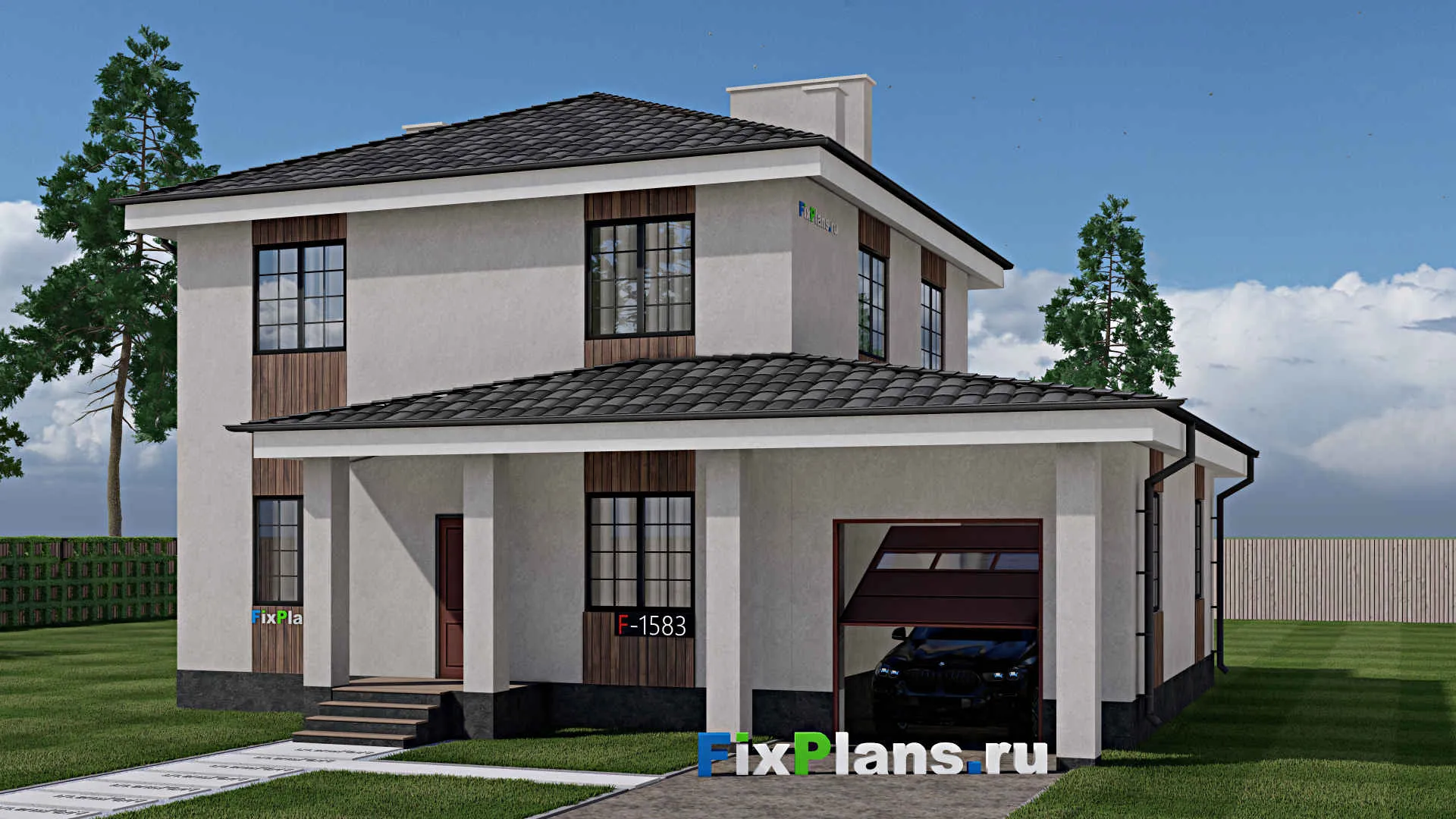 F-1583 - Проект двухэтажного дома 9 на 13, площадью 180 м² с террасой, гаражом на 1 машину и 4 спальнями