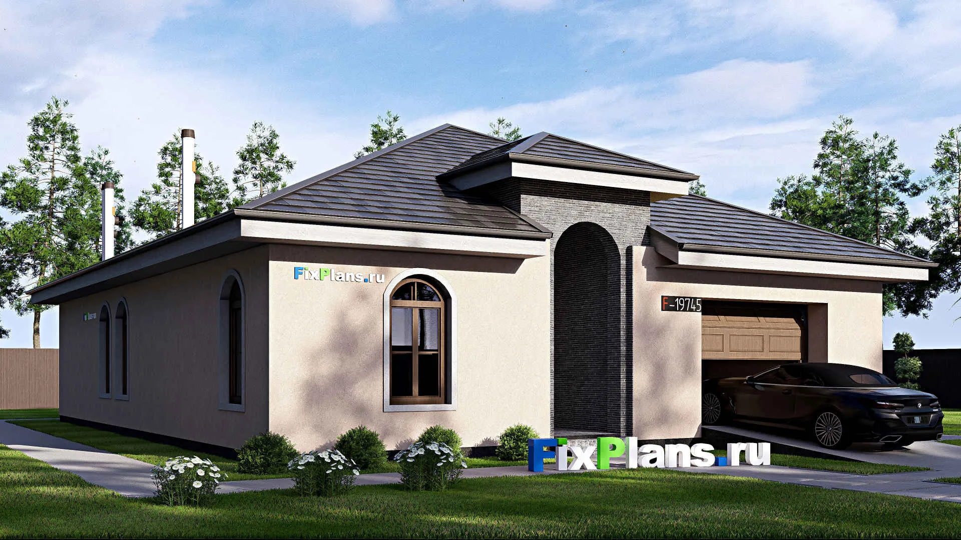F-19745 - Проект одноэтажного дома 14 на 19, площадью 200 м² с гаражом на 2 машины и 3 спальнями