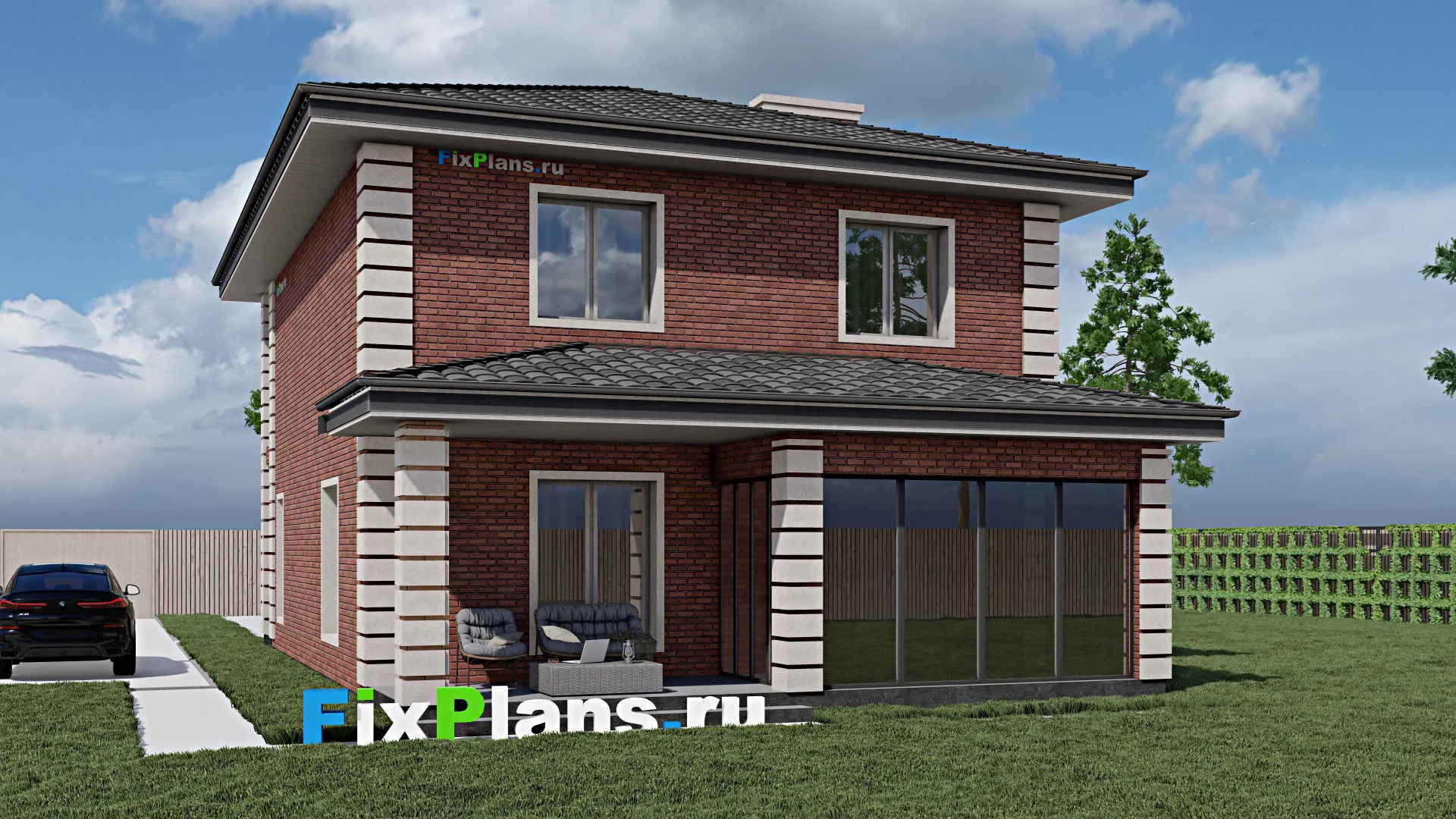 F-1439 - Проект двухэтажного дома 10 на 15, площадью 180 м² с террасой, балконом и 3 спальнями