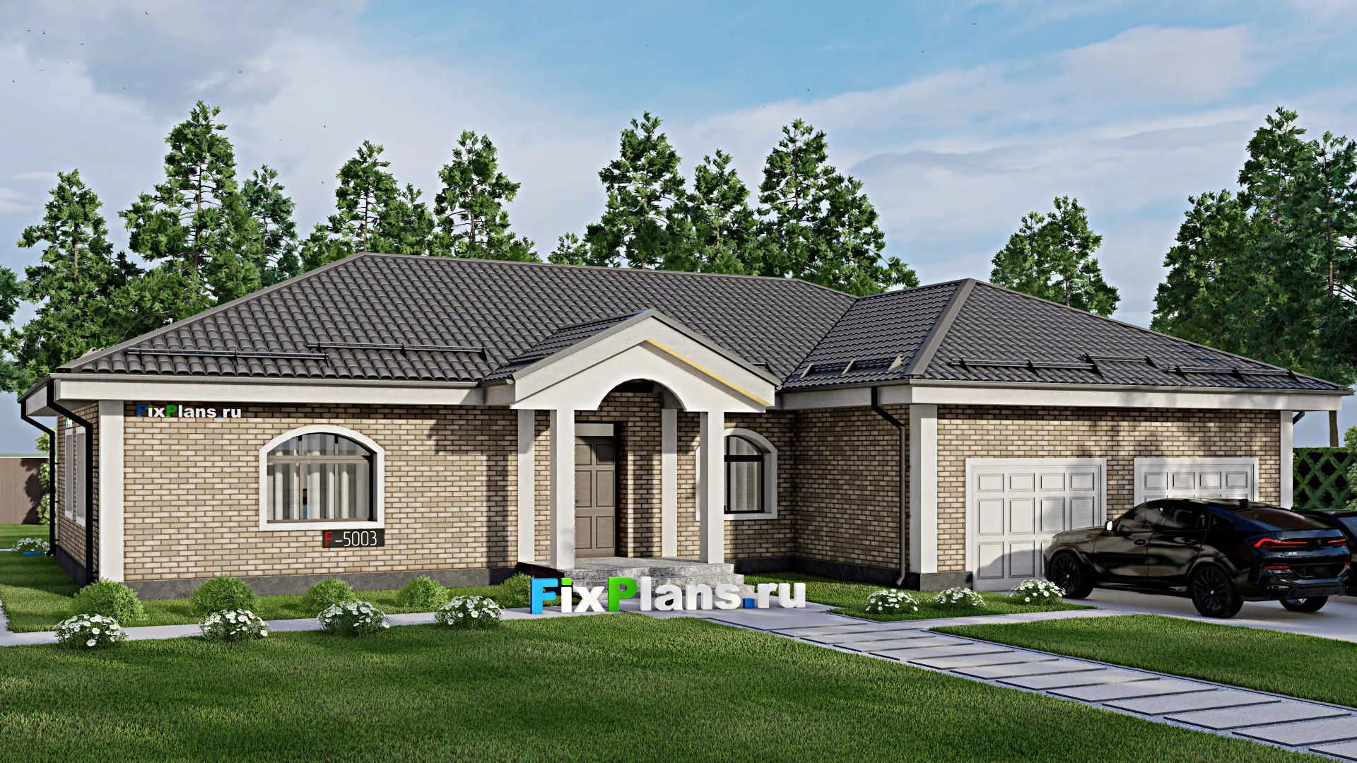F-5003 - Проект одноэтажного дома 15 на 21, площадью 210 м² с гаражом на 2 машины и 2 спальнями